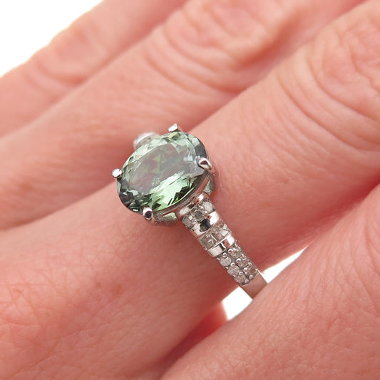 D'Joy 925 Sterling Silver Real Diamond & Green Amethyst Ring Size 8