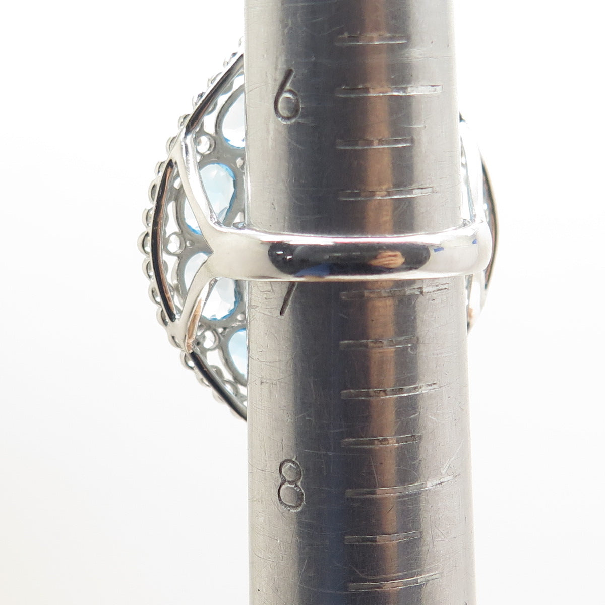 925 Sterling Silver Real Oval-Cut Blue Round-Cut White Topaz Cluster Ring Size 7