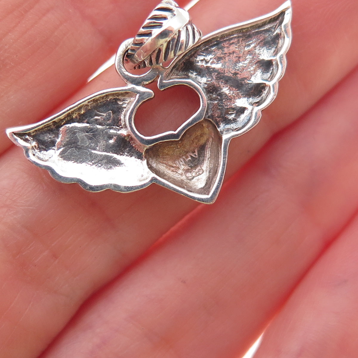 925 Sterling Silver Vintage Heart Angel Wings Oxidized Charm Pendant