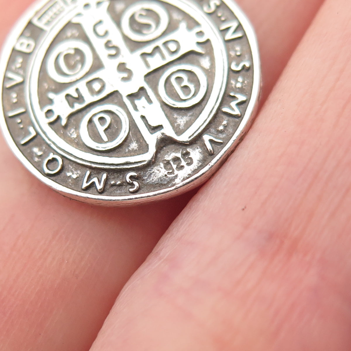 925 Sterling Silver Vintage Saint Benedict Oxidized Mini Charm Pendant