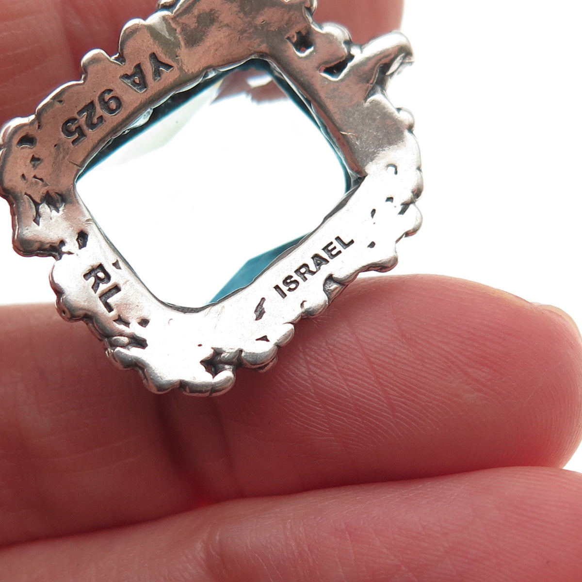 Regina Lane Sterling Vintage Israel Blue C Z Modernist Oxidized Slide Pendant