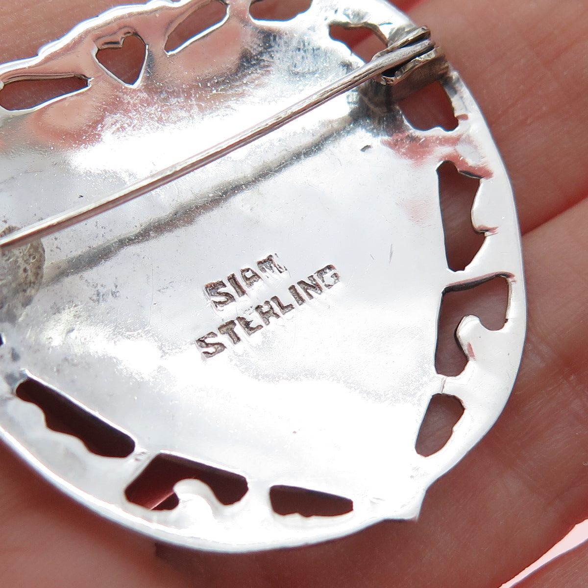 925 Sterling Silver Antique Siam Niello Hindu Goddess Heart Pin Brooch
