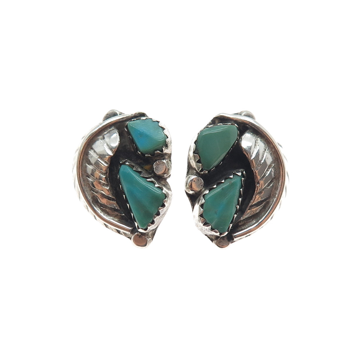 Old Pawn Sterling Silver Vintage Southwestern Turquoise Feather Clip On Earrings