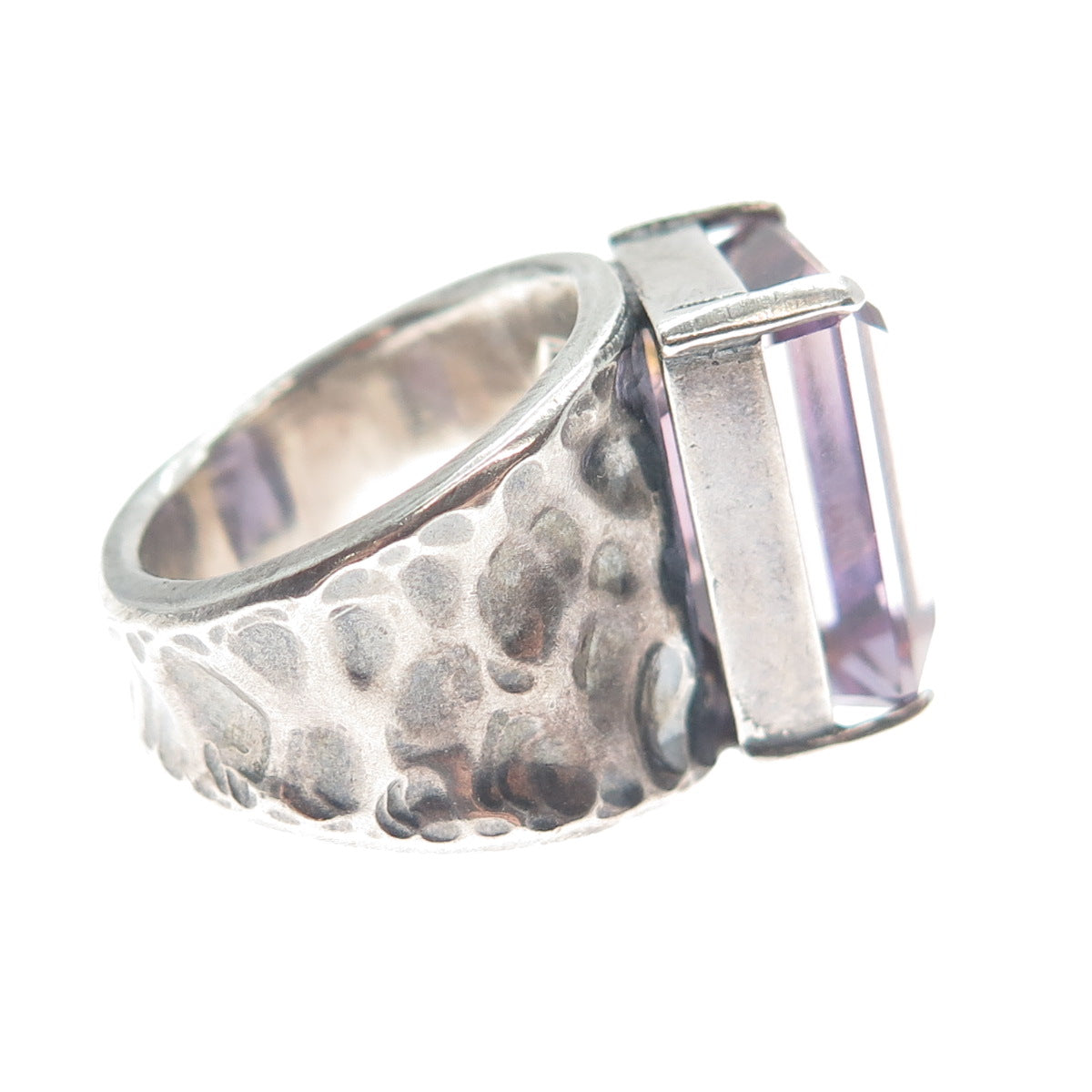 925 Sterling Silver Vintage Real Emerald-Cut Amethyst Hammered Ring Size 7.5