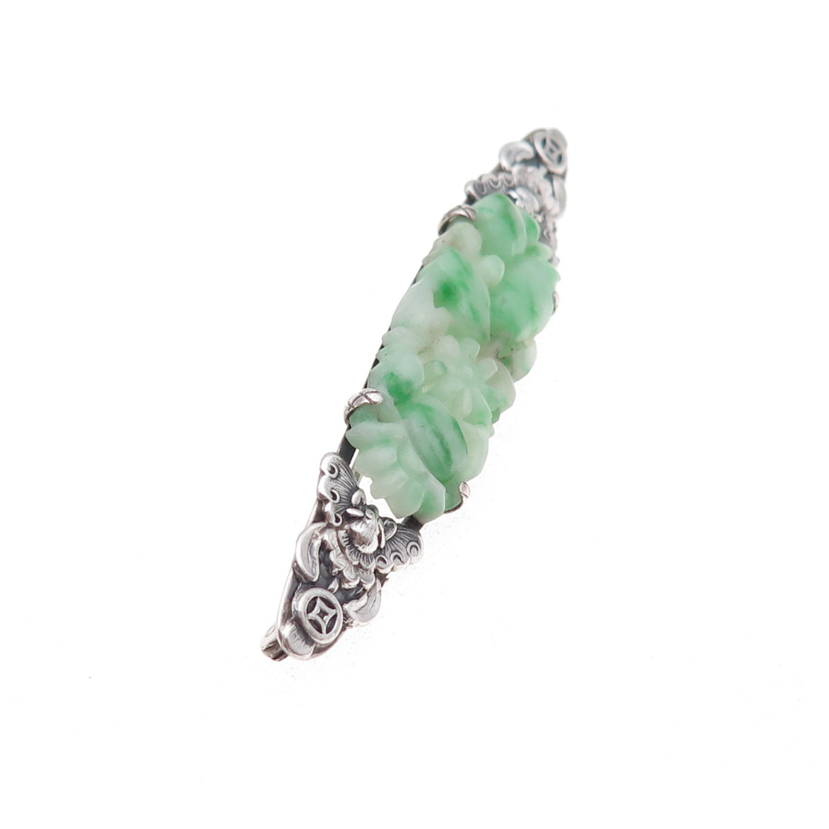 925 Sterling Silver Antique Chinese Real Carved Jade Floral Oxidized Pin Brooch