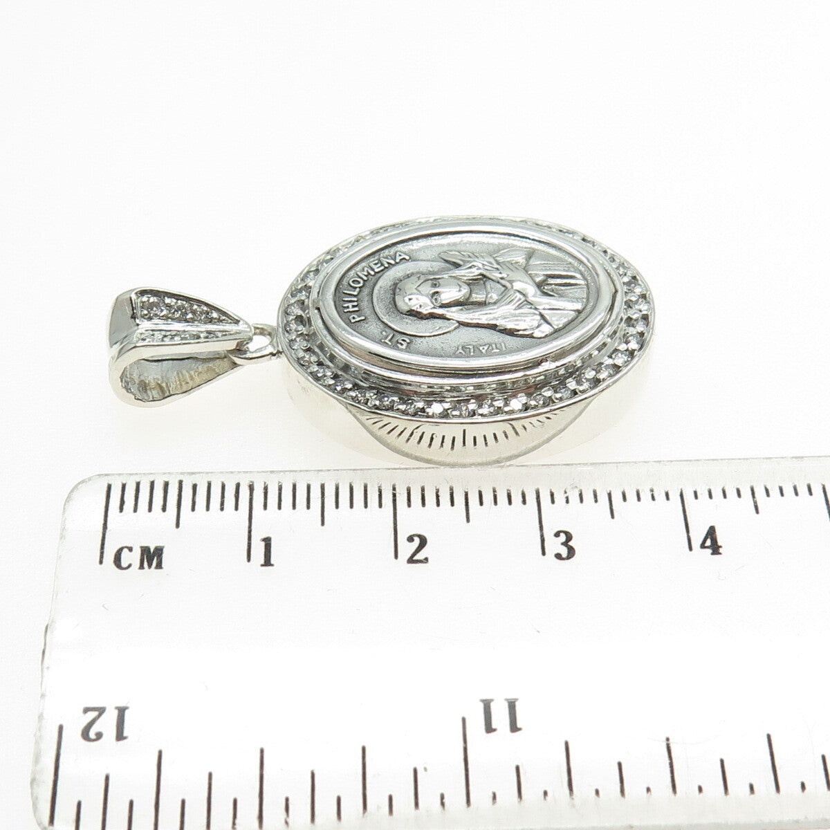 925 Sterling Silver Italy Real Round-Cut Diamond St. Philomena Pendant