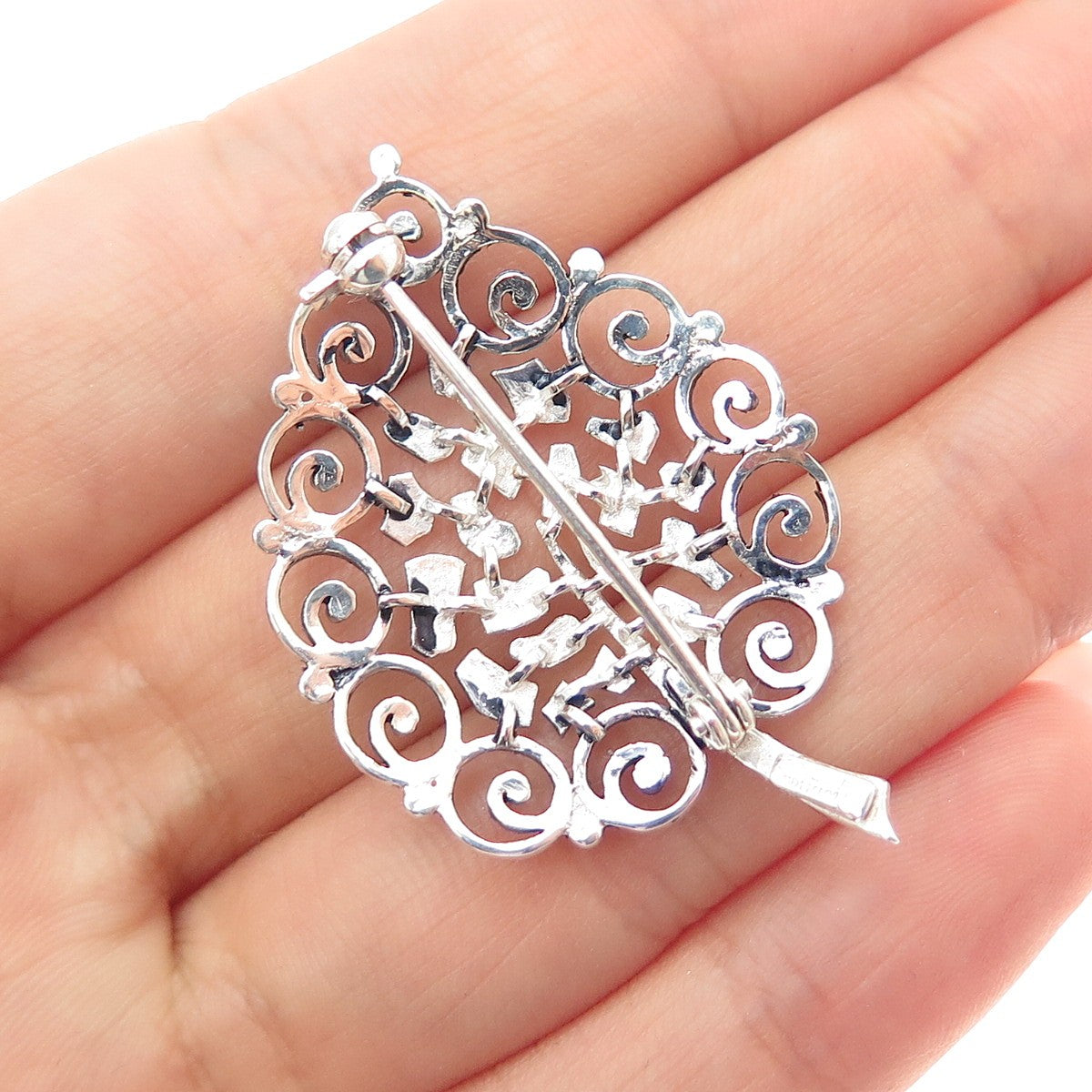 925 Sterling Silver Antique Germany Swirl Floral Leaf Oxidized Pin Brooch