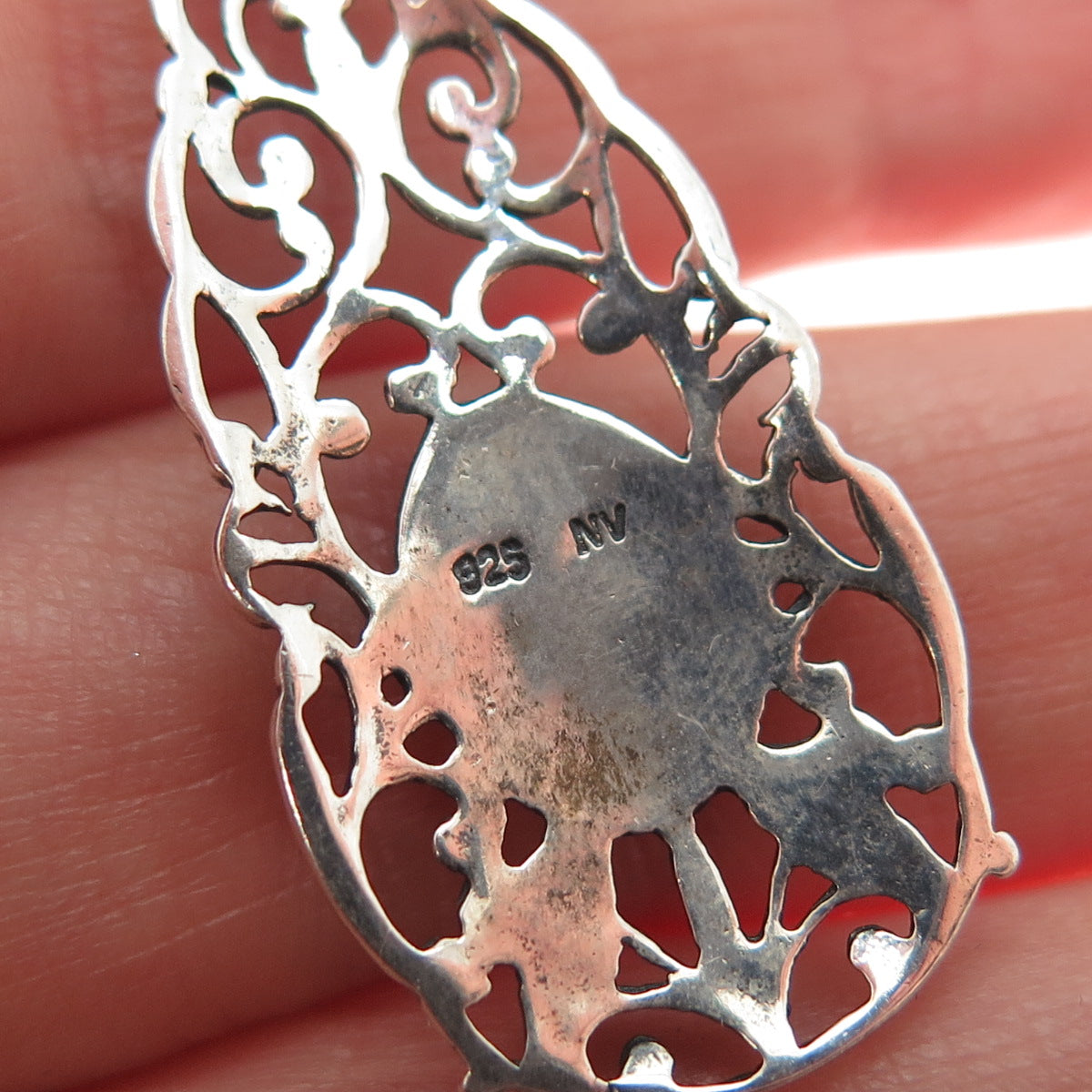 NEVADA 925 Sterling Silver Vintage Real Abalone Shell Ornate Teardrop Pendant