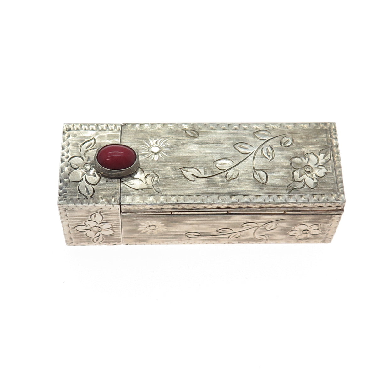 800 Silver Antique Art Deco Italy Real Coral Engraved Tube Slide Lipstick Case