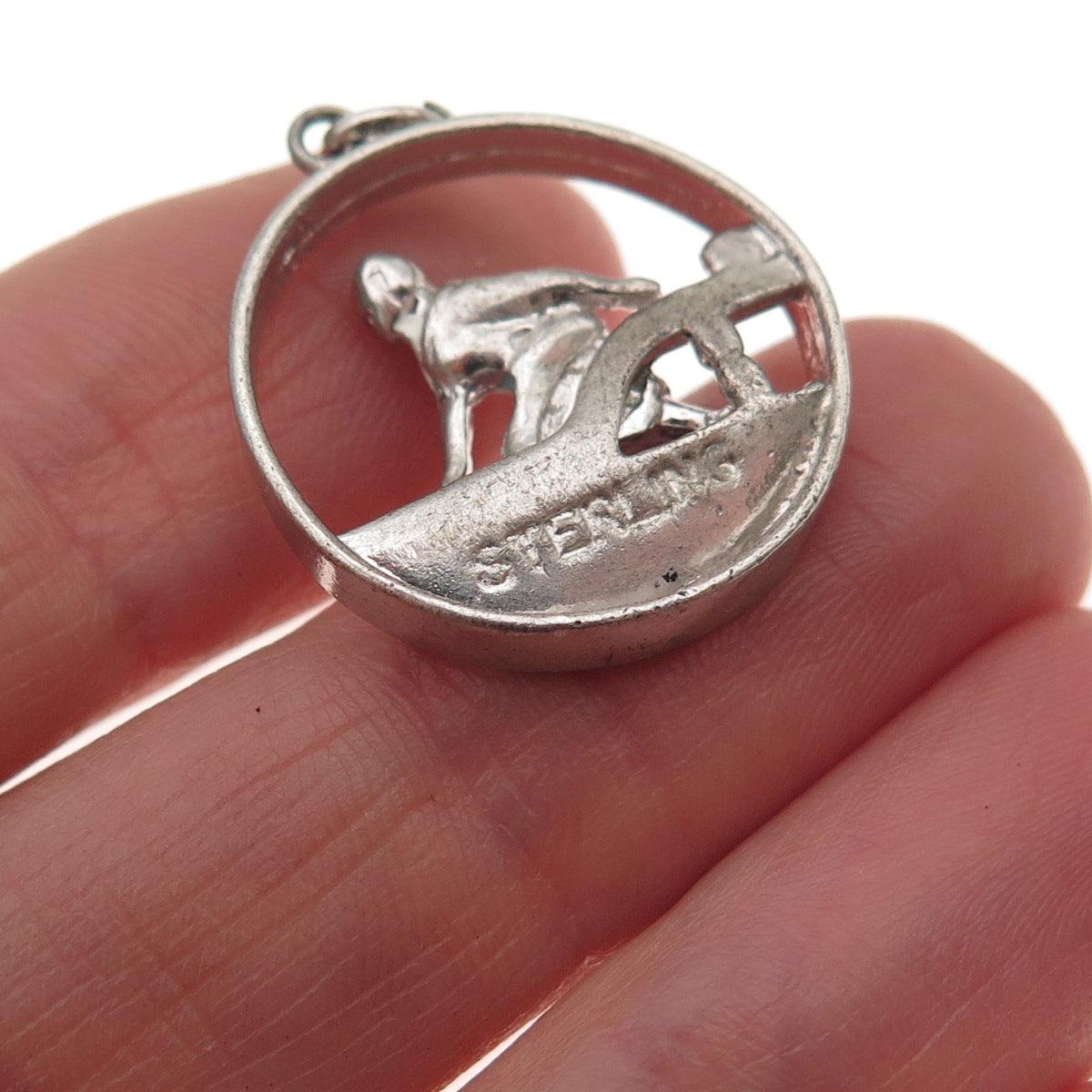 925 Sterling Silver Vintage Female Bowling Player Oxidized Charm Pendant