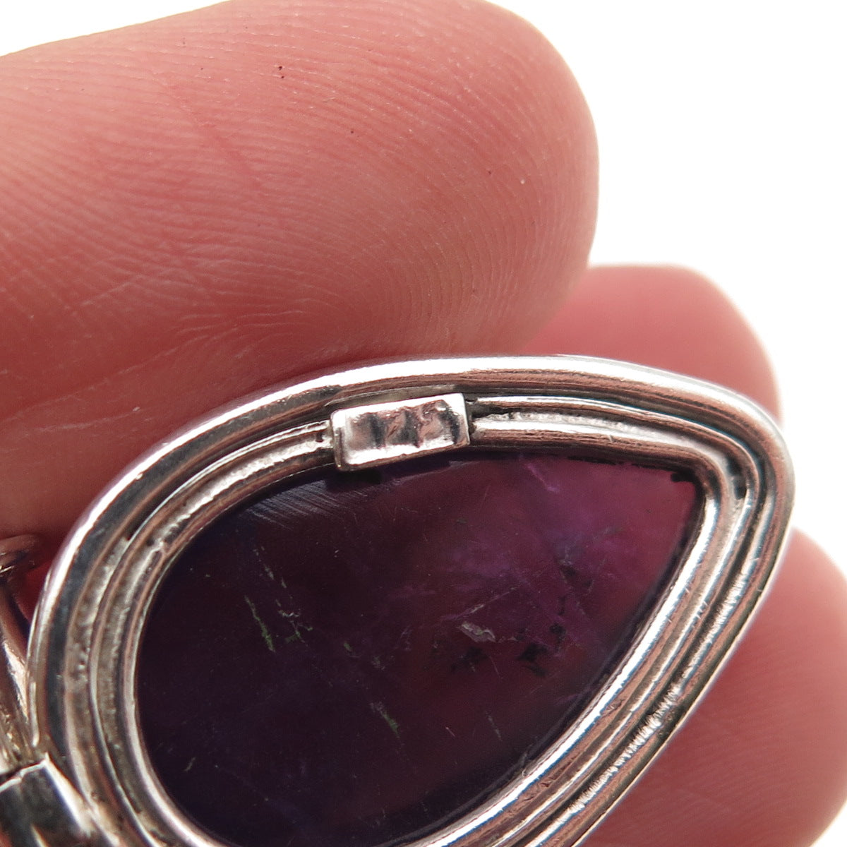 925 Sterling Silver Vintage Real Amethyst Modernist Oxidized Slide Pendant