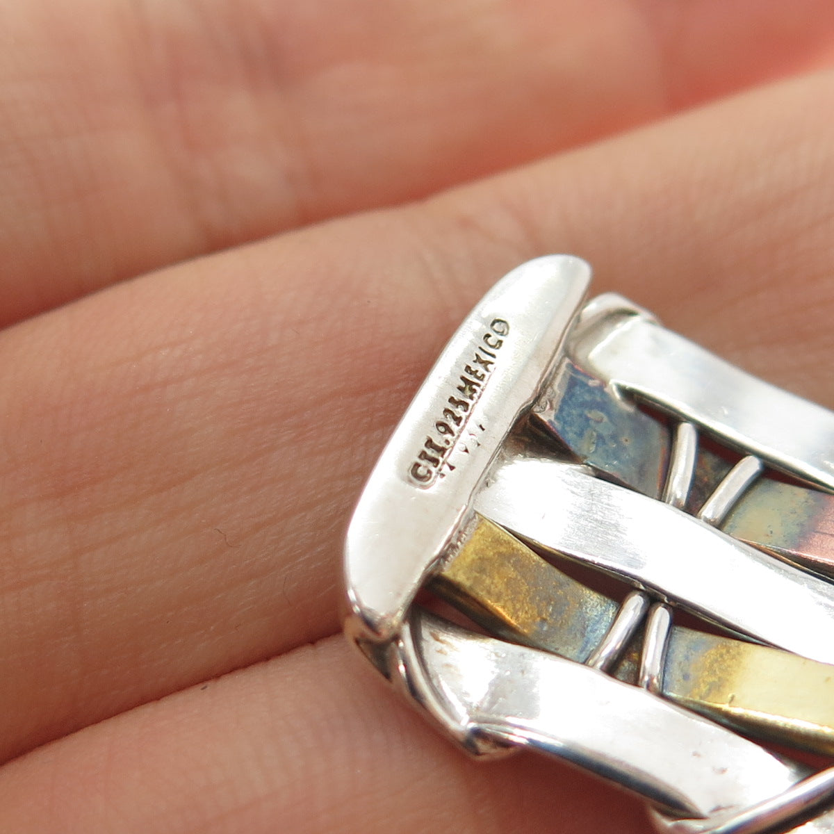 925 Sterling Silver 3-Tone Vintage Mexico Modernist Adjustable Bracelet 6.75"