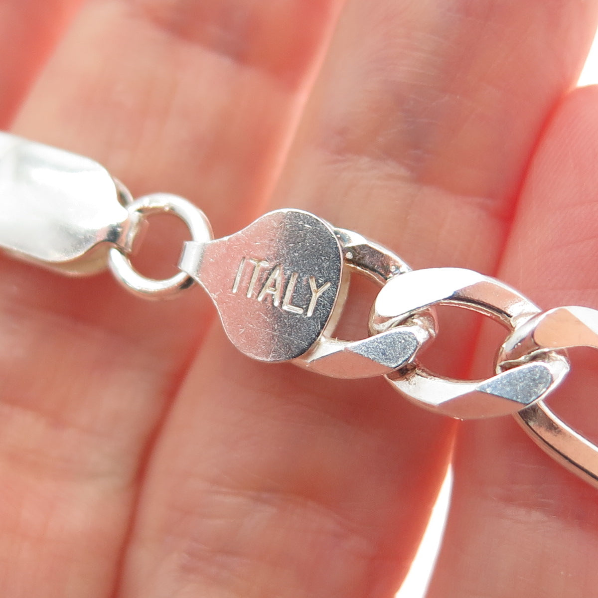 925 Sterling Silver Vintage Italy Figaro Link Bracelet 8.75"