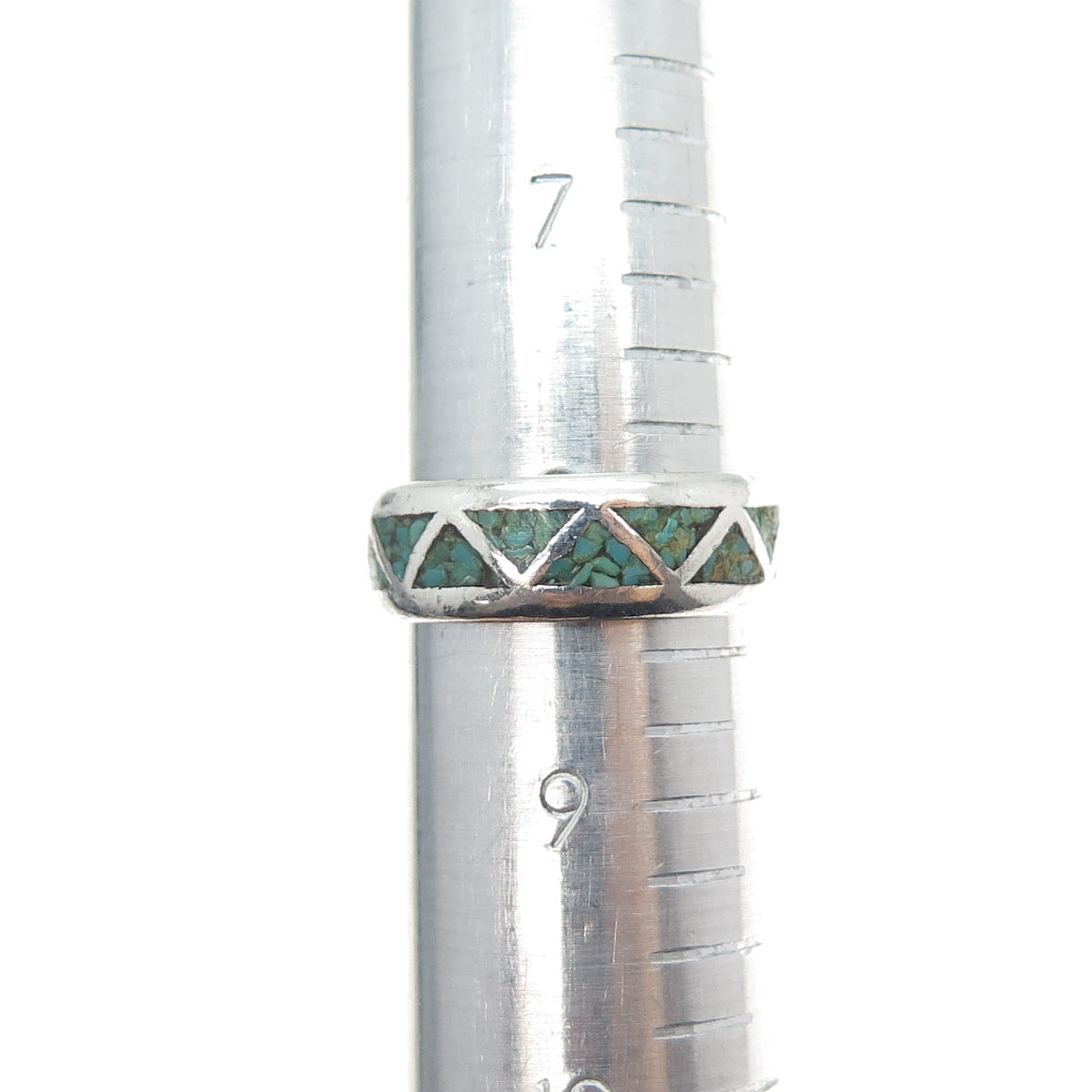 Tommy Long Navajo Old Pawn Sterling Vintage Turquoise Inlay Band Ring Size 8.5