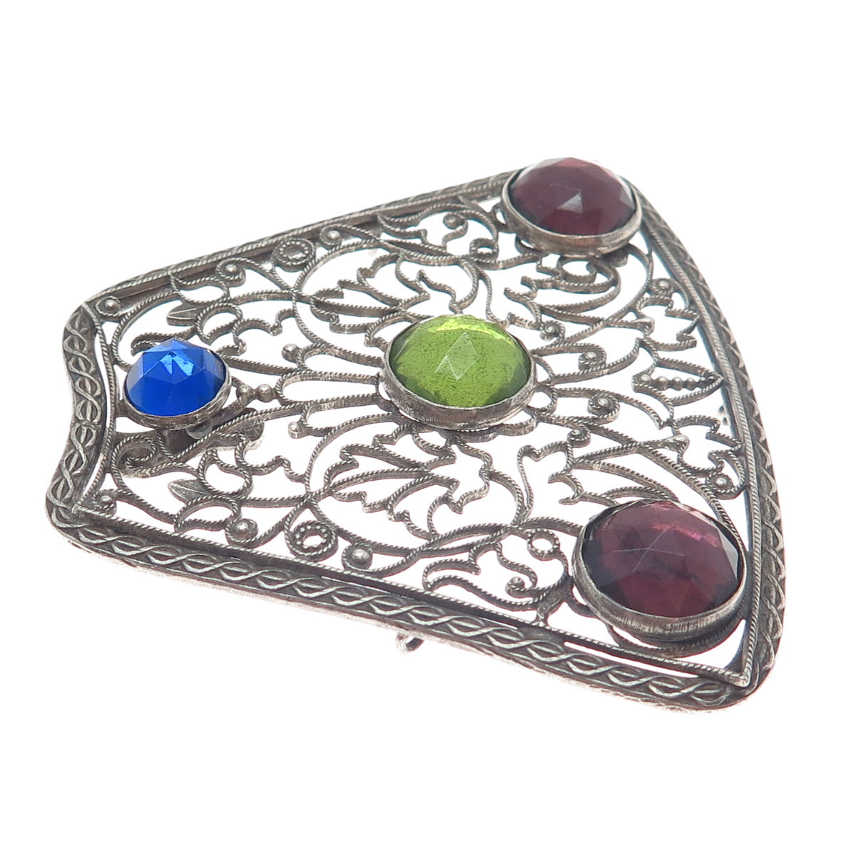 800 Silver Antique Blue Green & Purple Rhinestone Filigree Oxidized Pendant