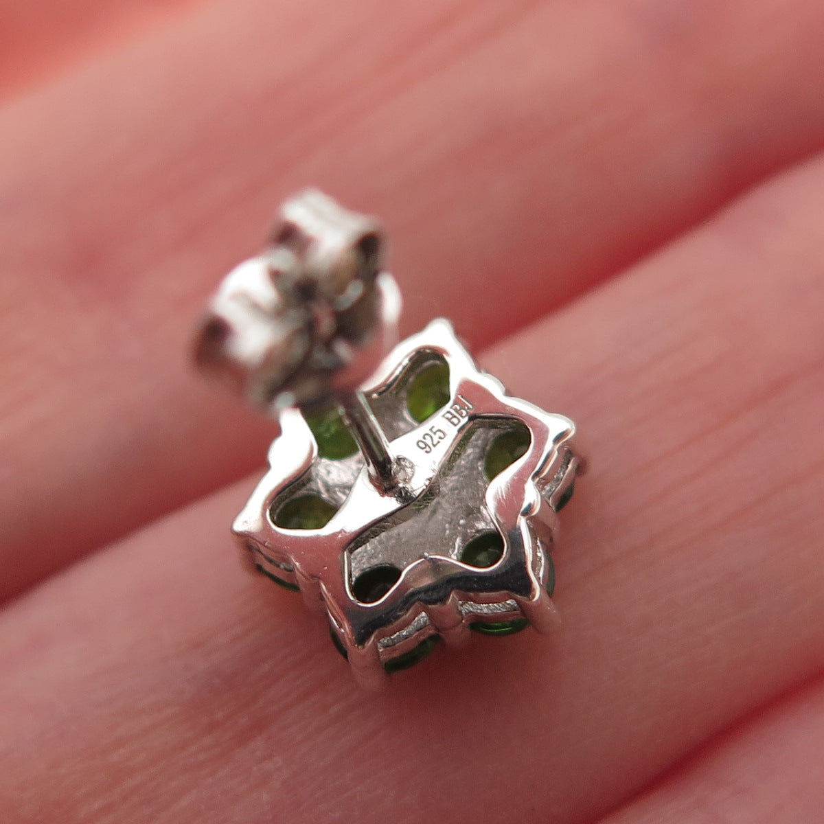 925 Sterling Silver Real Round-Cut Diamond & Peridot Floral Stud Earrings