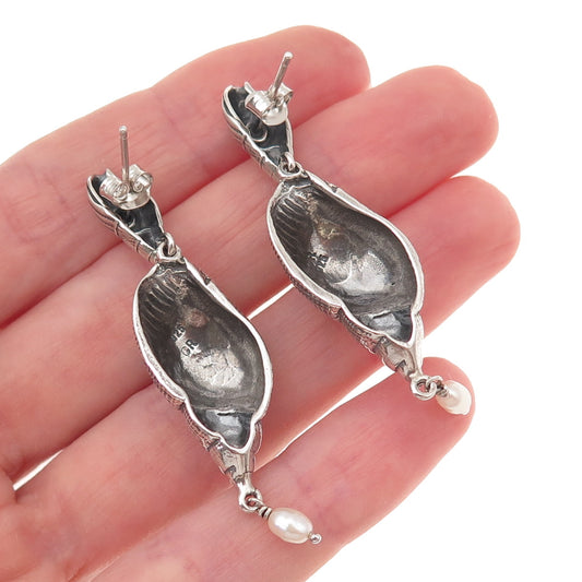 925 Sterling Silver 3-Tone Vintage Real Pearl Seashell Oxidized Dangle Earrings