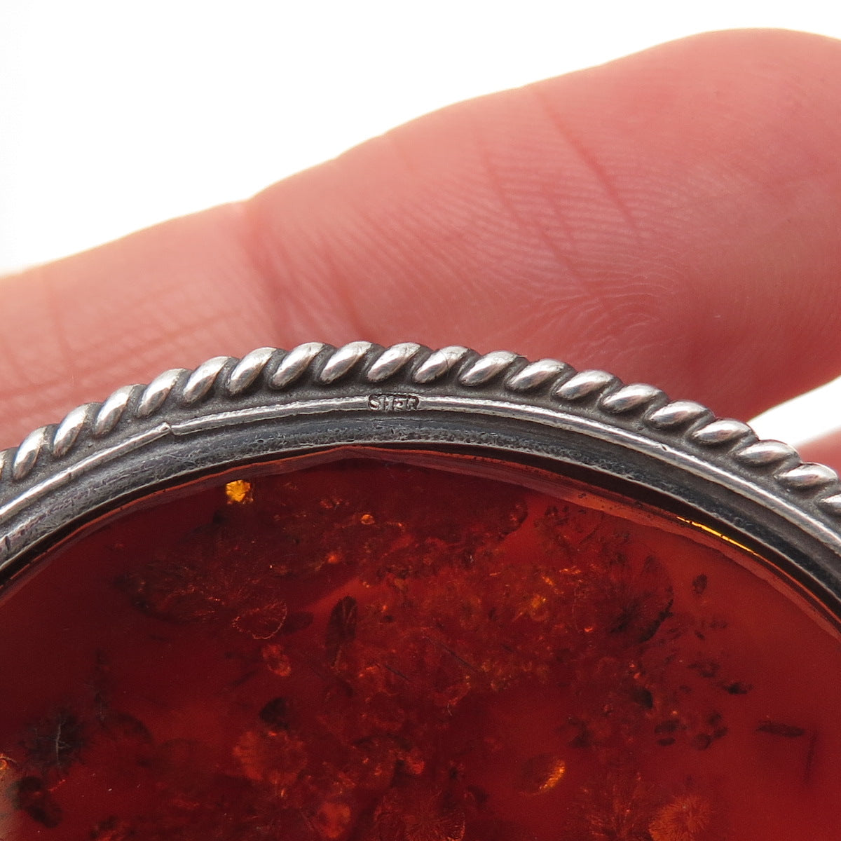 925 Sterling Silver Vintage Real Amber Floral Oxidized Pin Brooch