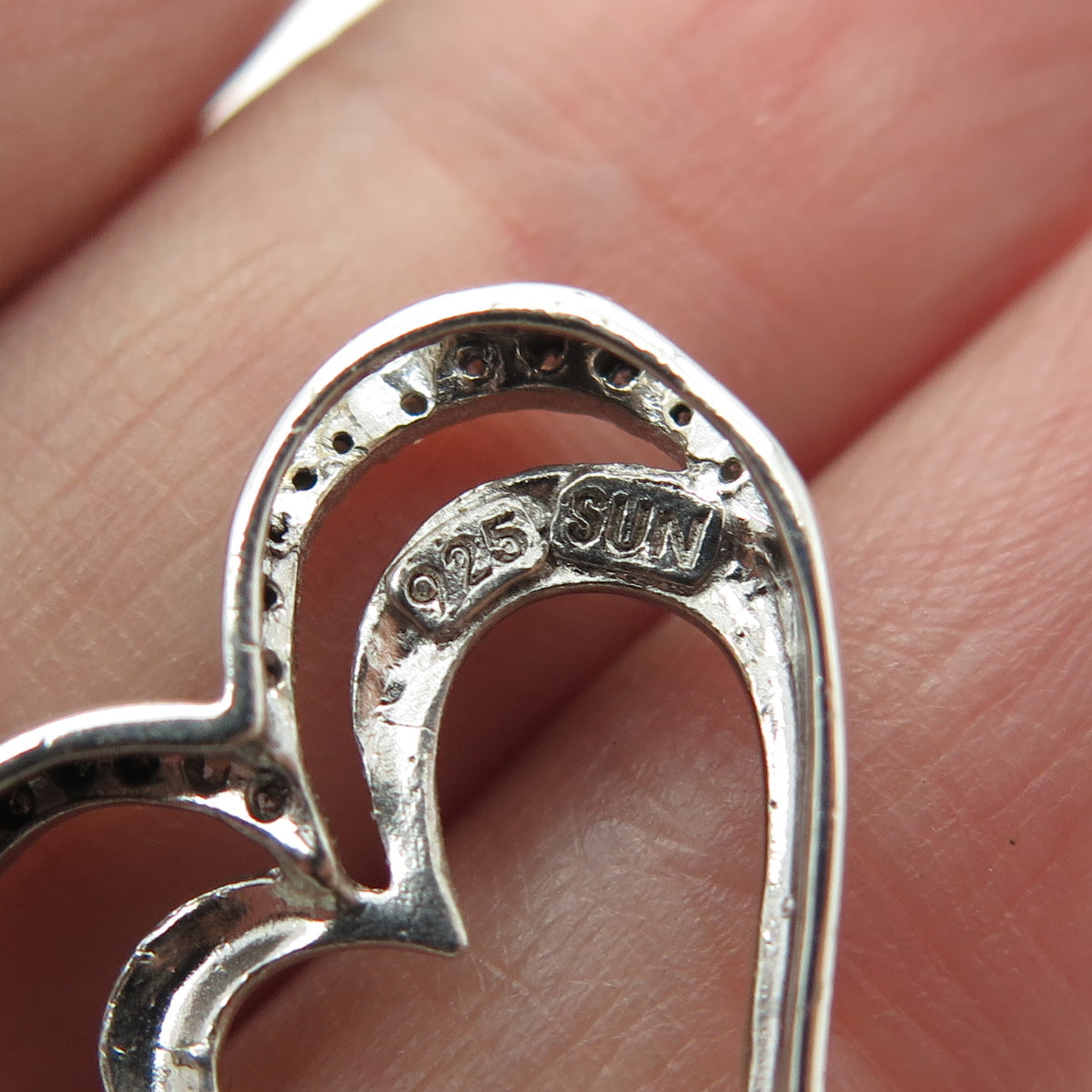 SUN 925 Sterling Silver Real Round-Cut Diamond Double Heart Slide Pendant