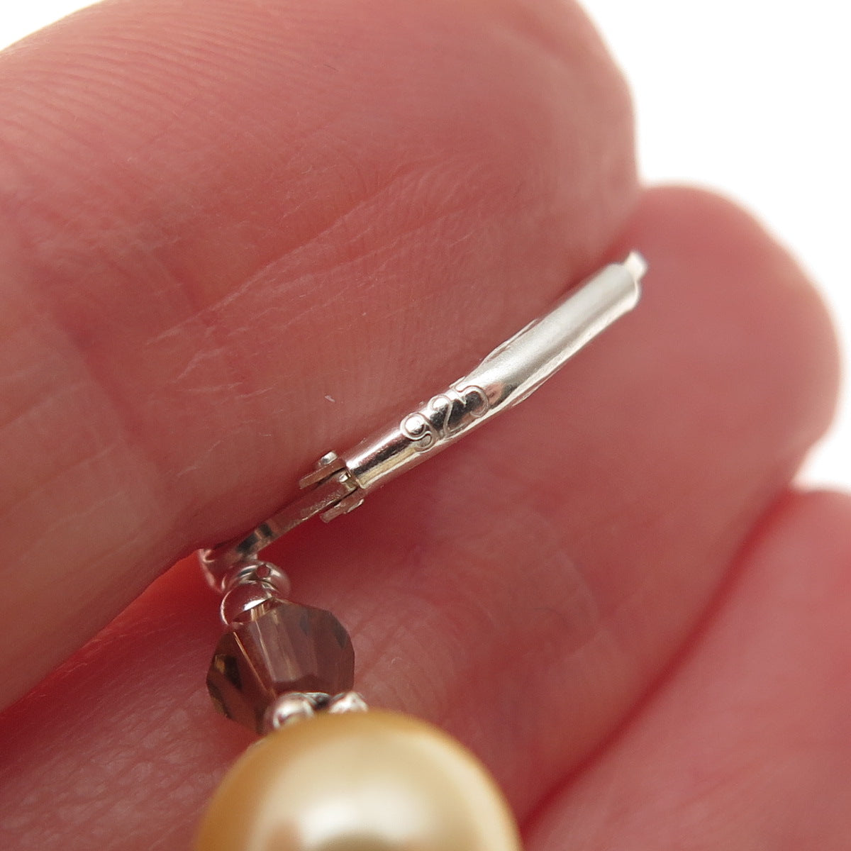 925 Sterling Silver Vintage Real Smoky Quartz & Faux Pearl Dangle Earrings