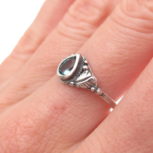925 Sterling Silver Vintage Pear-Cut Blue C Z Floral Oxidized Ring Size 7.25