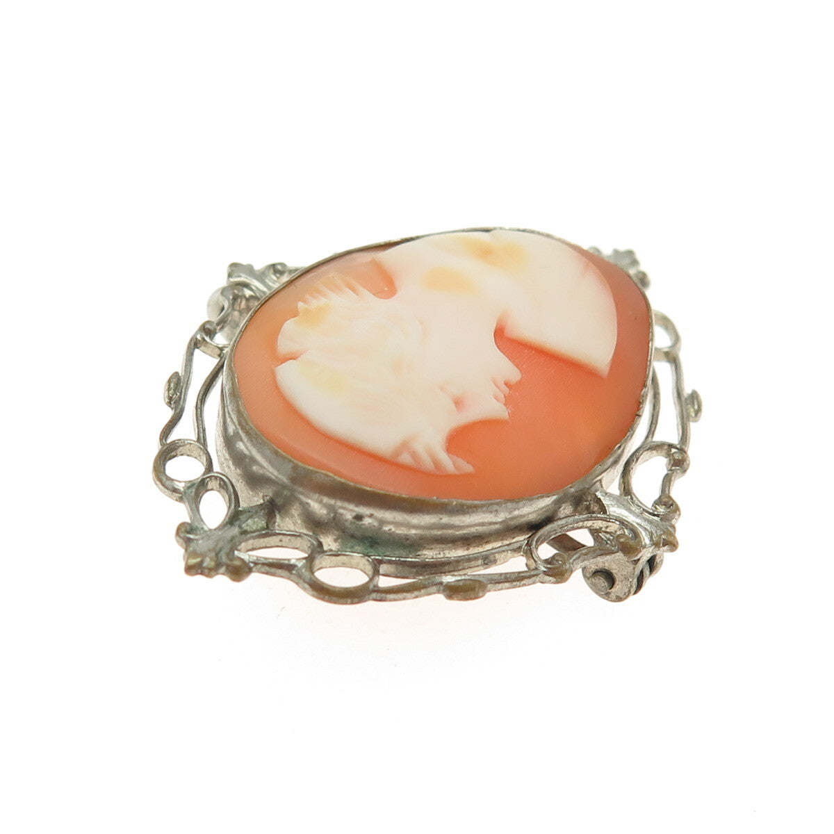 Antique Silver-Tone Cameo Victorian Lady Pin Brooch