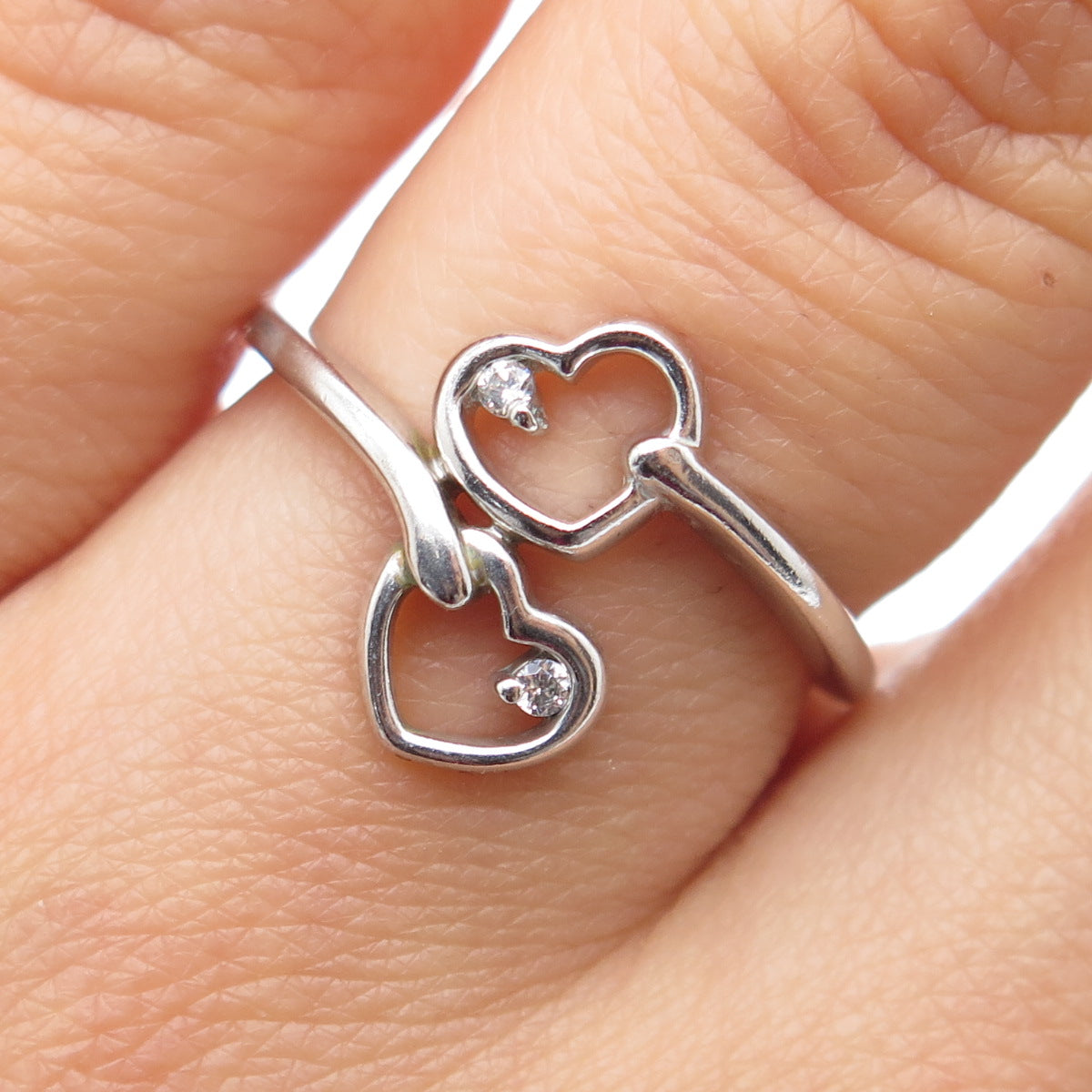 925 Sterling Silver Round-Cut C Z Heart Bypass Ring Size 6.75