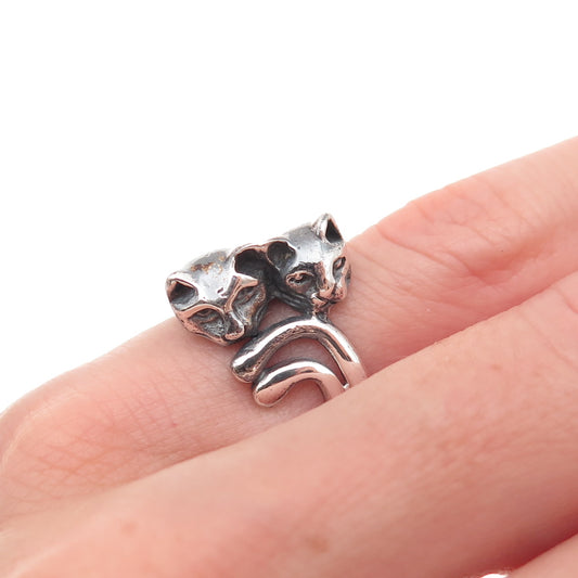 925 Sterling Silver Vintage Modernist Cat Couple Oxidized Ring Size 5