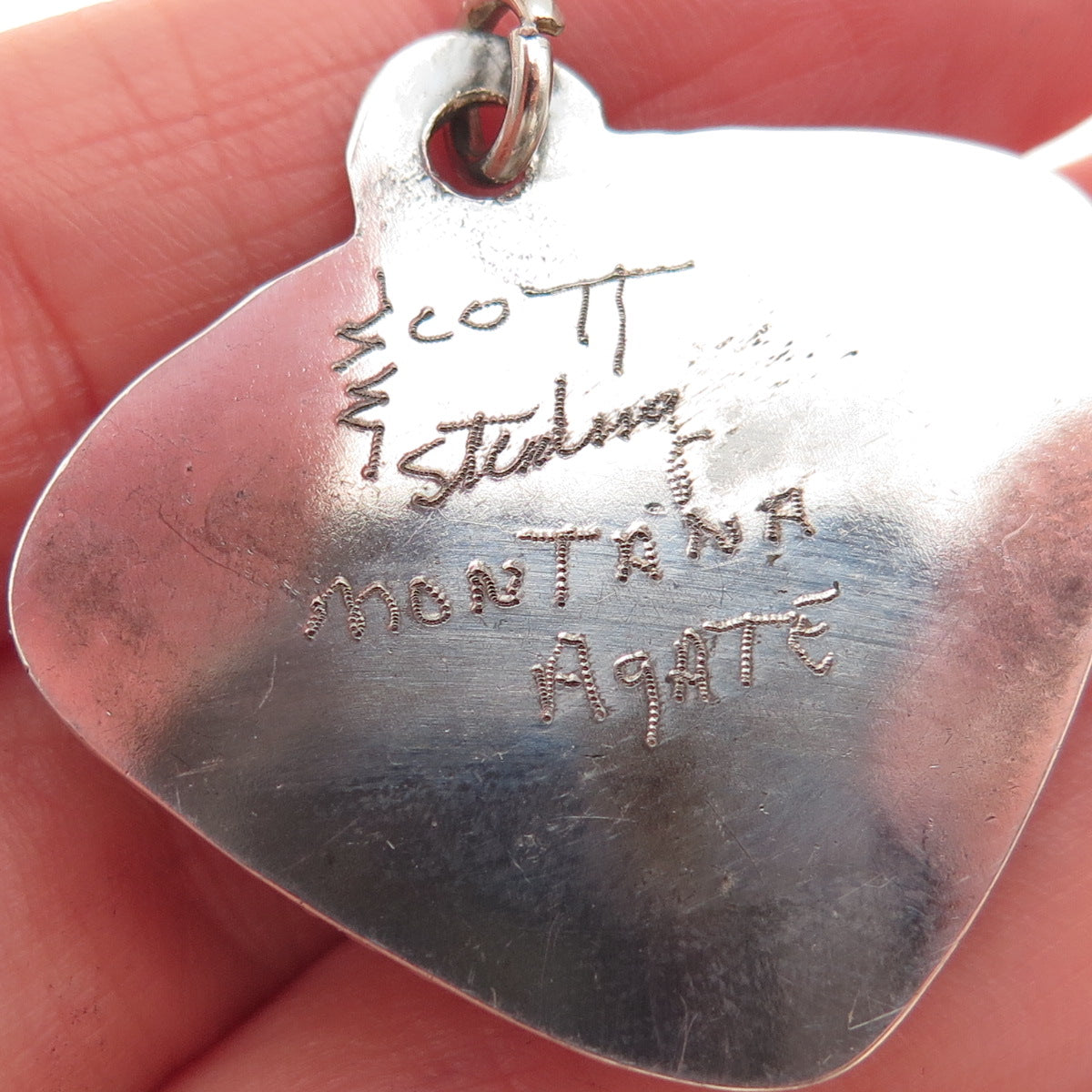 E. Scott 925 Sterling Silver Vintage Real Montana Agate Modernist Charm Pendant