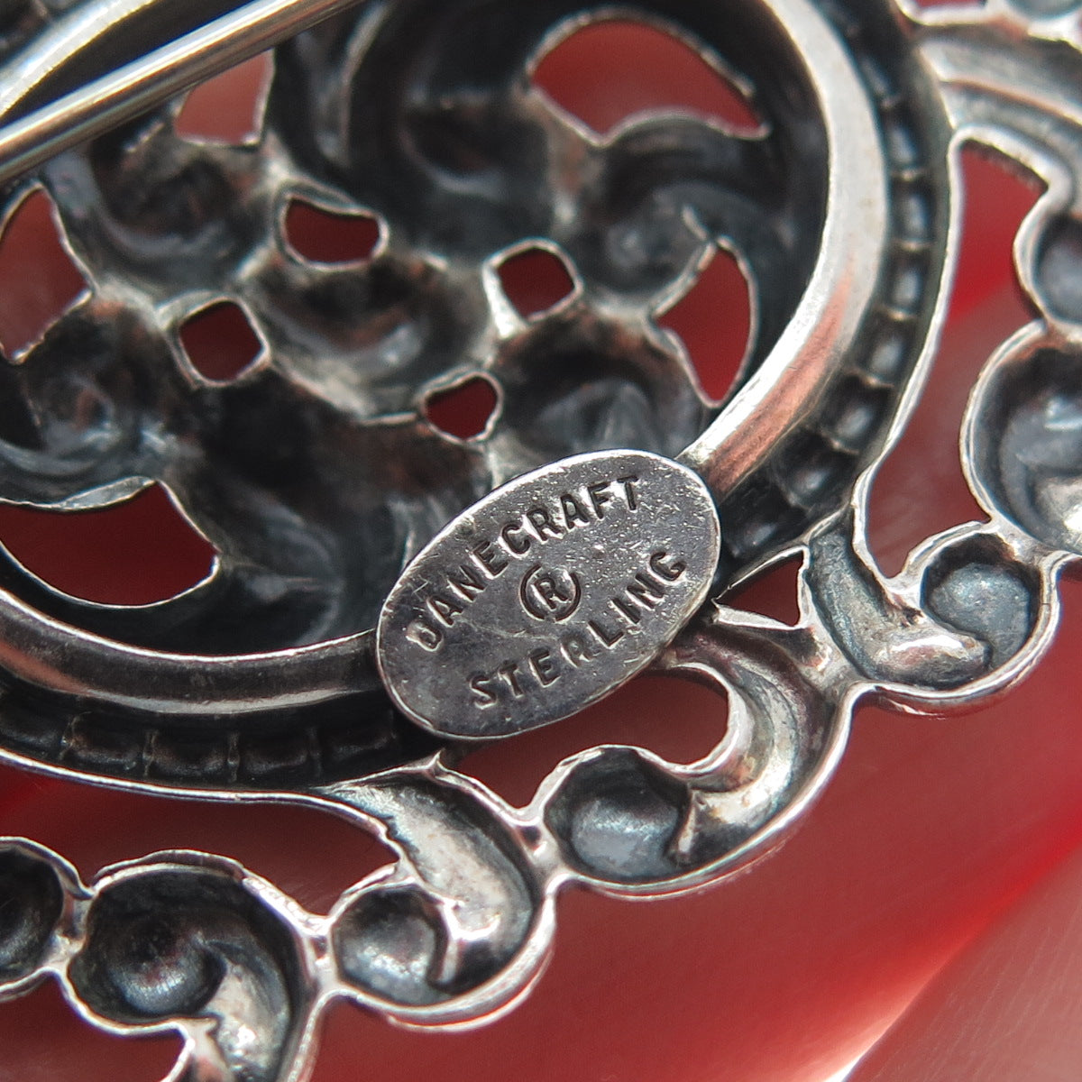 DANECRAFT 925 Sterling Silver Antique Art Deco Floral Repousse Oxidized Brooch