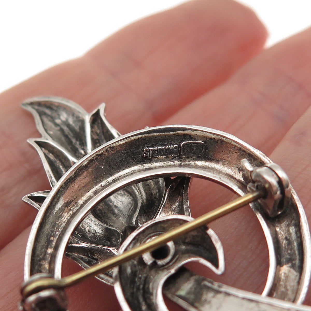 Silverman Brothers Sterling Silver Antique Art Deco Floral Oxidized Pin Brooch