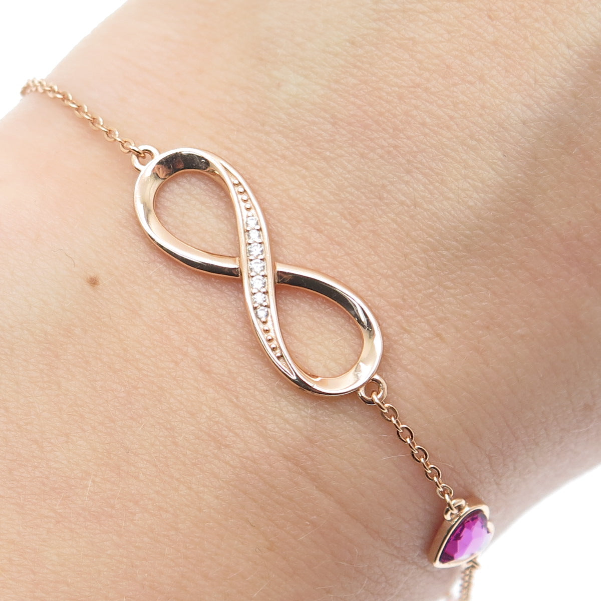 925 Sterling Silver Rose Gold Plated C Z Infinity Cable Link Bracelet 7-9"