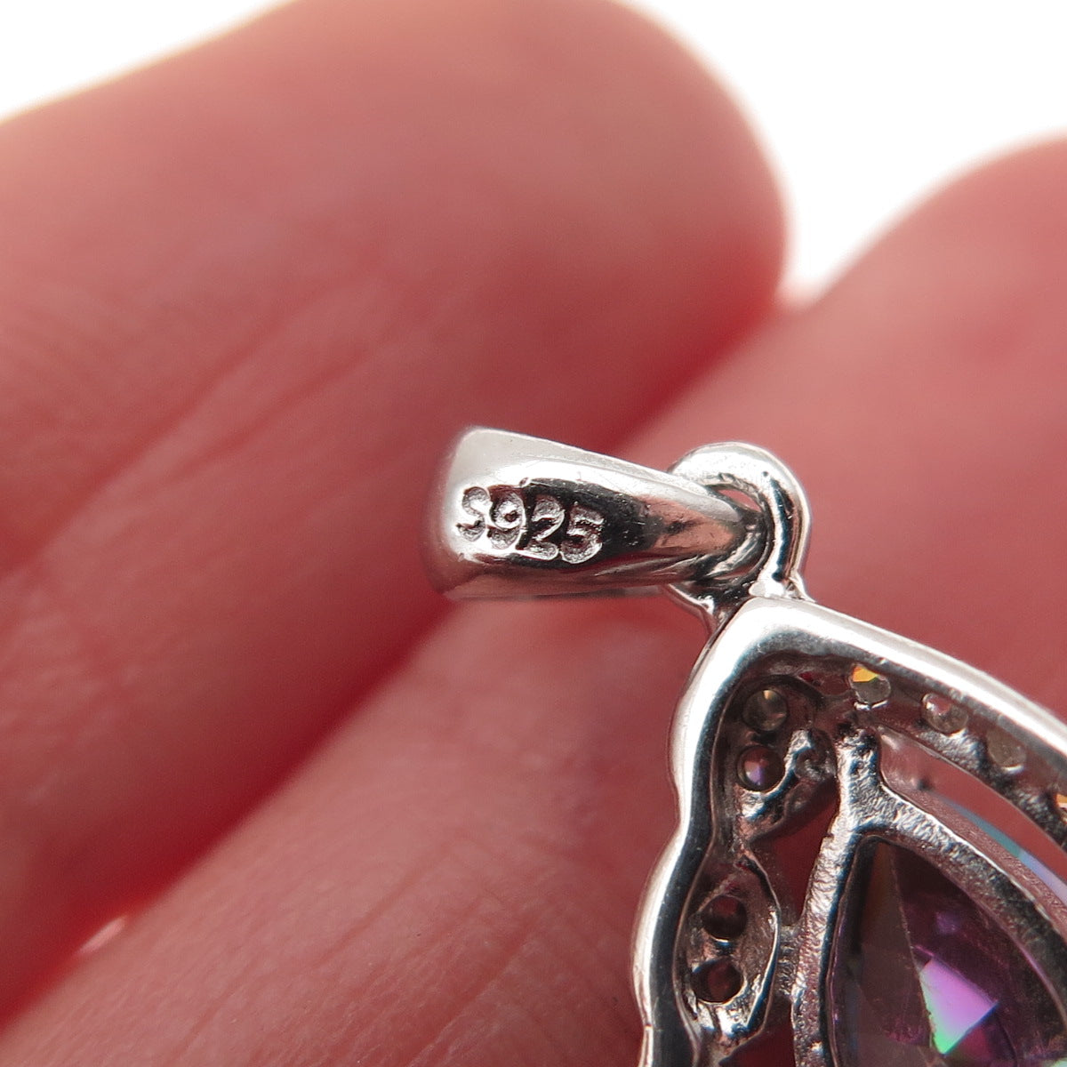 925 Sterling Silver Real Mystic Quartz & C Z Teardrop Mini Charm Pendant