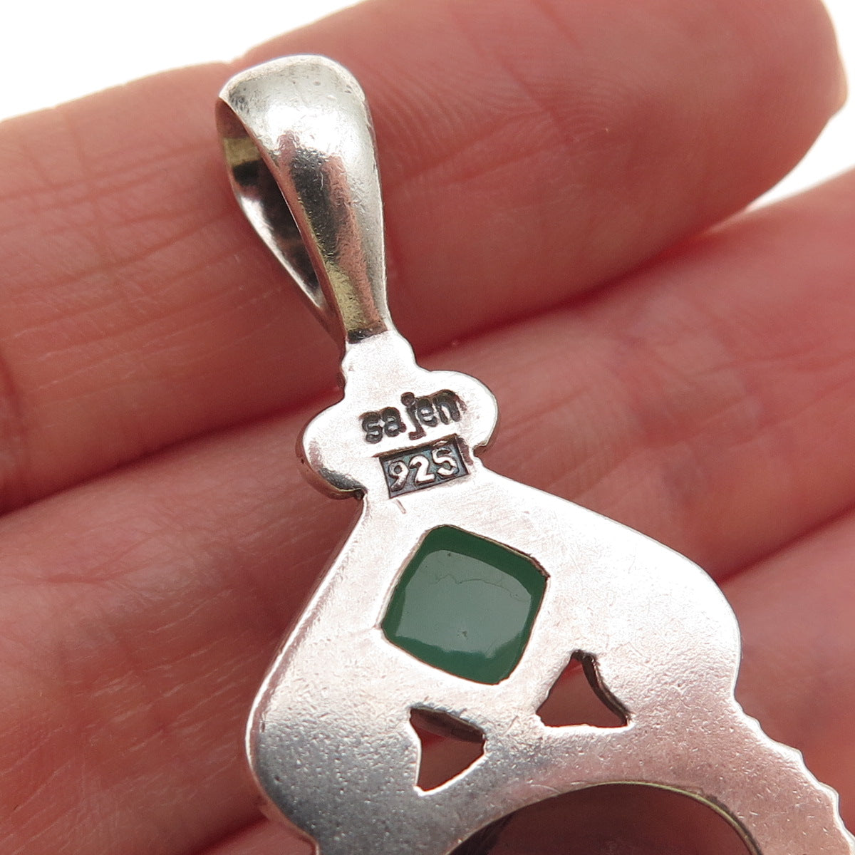 SAJEN 925 Sterling Silver Vintage Real Fluorite & Green Chalcedony Charm Pendant
