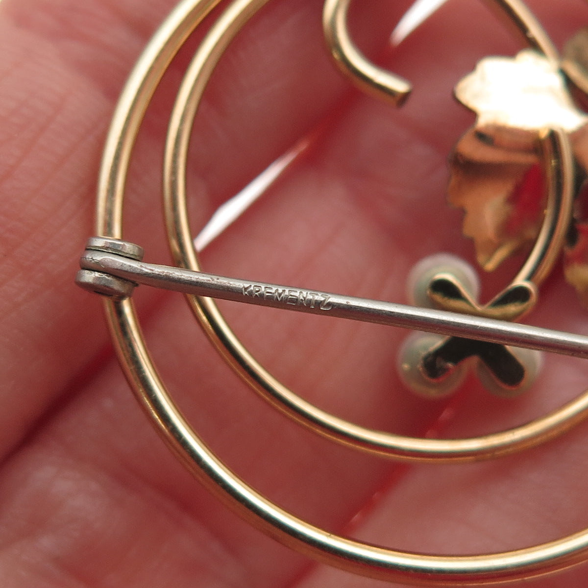 Krementz Gold Filled Vintage Real Pearl Floral Leaf Pin Brooch