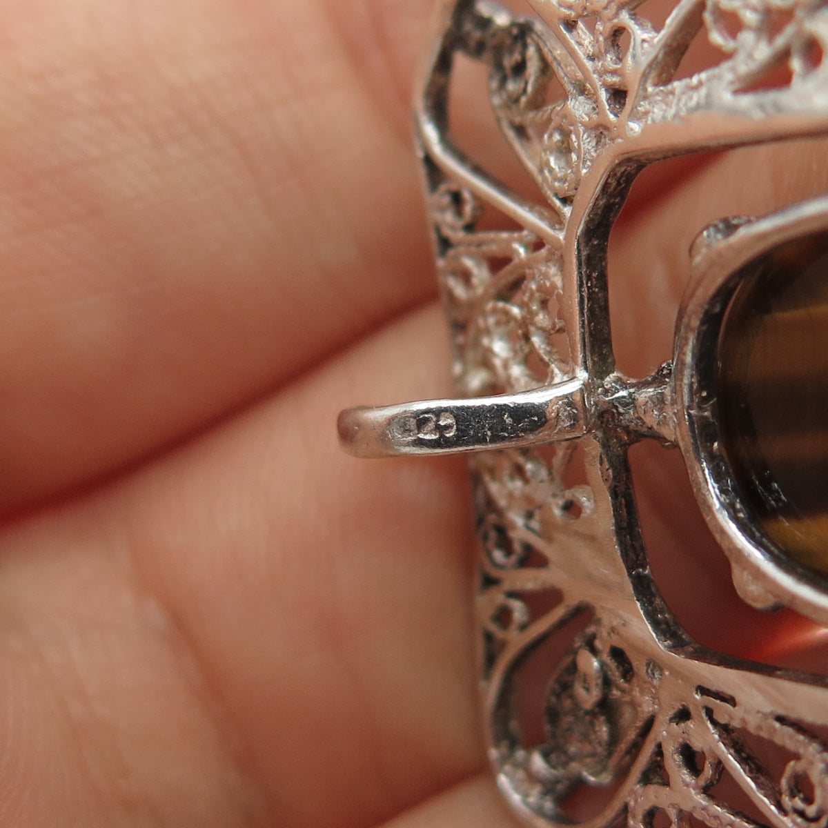 925 Sterling Silver Vintage Real Tiger Eye Floral Filigree Slide Pendant