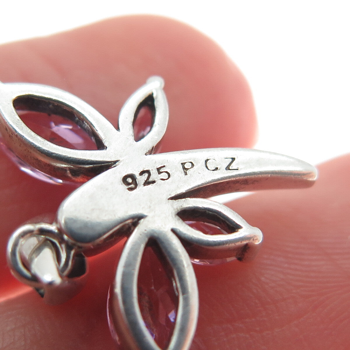 925 Sterling Silver Vintage Pink Marquise-Cut Shaped C Z Dragonfly Pendant
