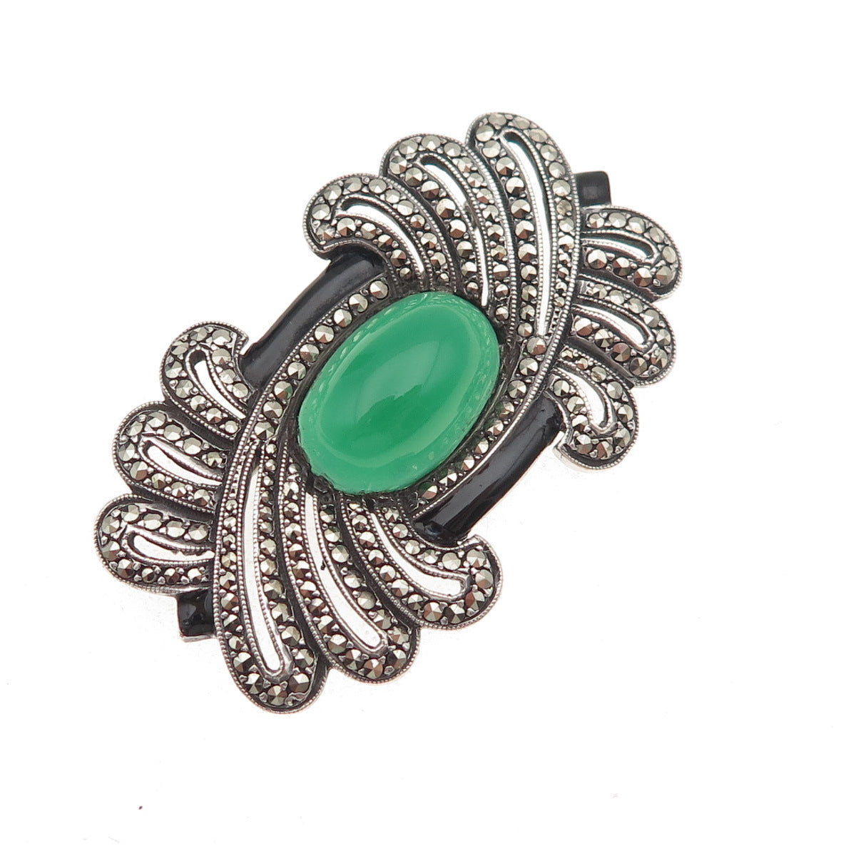 925 Sterling Antique Art Deco Real Black & Green Onyx Marcasite Pin Brooch