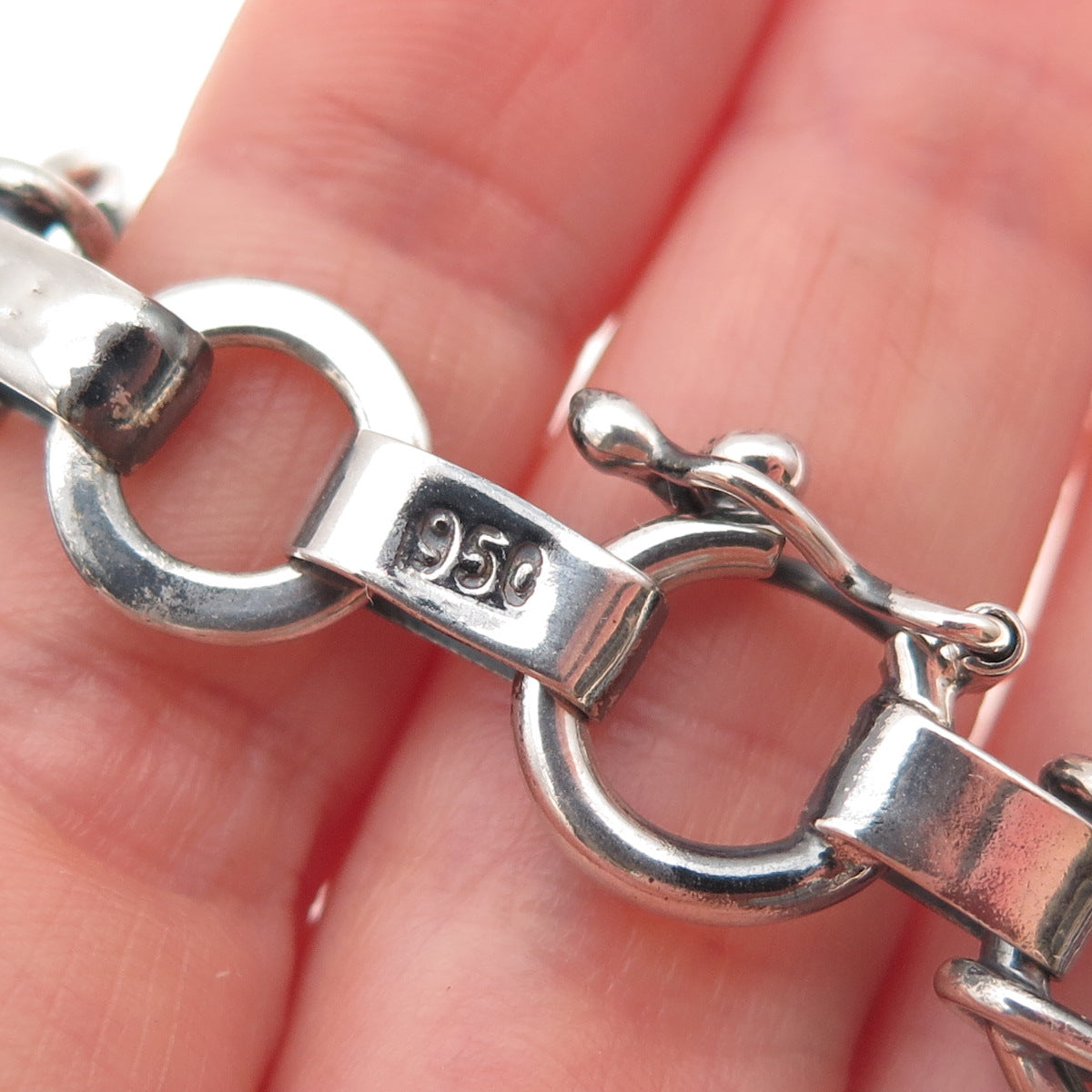 950 Silver Vintage Modernist Horse Bit Link Oxidized Bracelet 7.75"