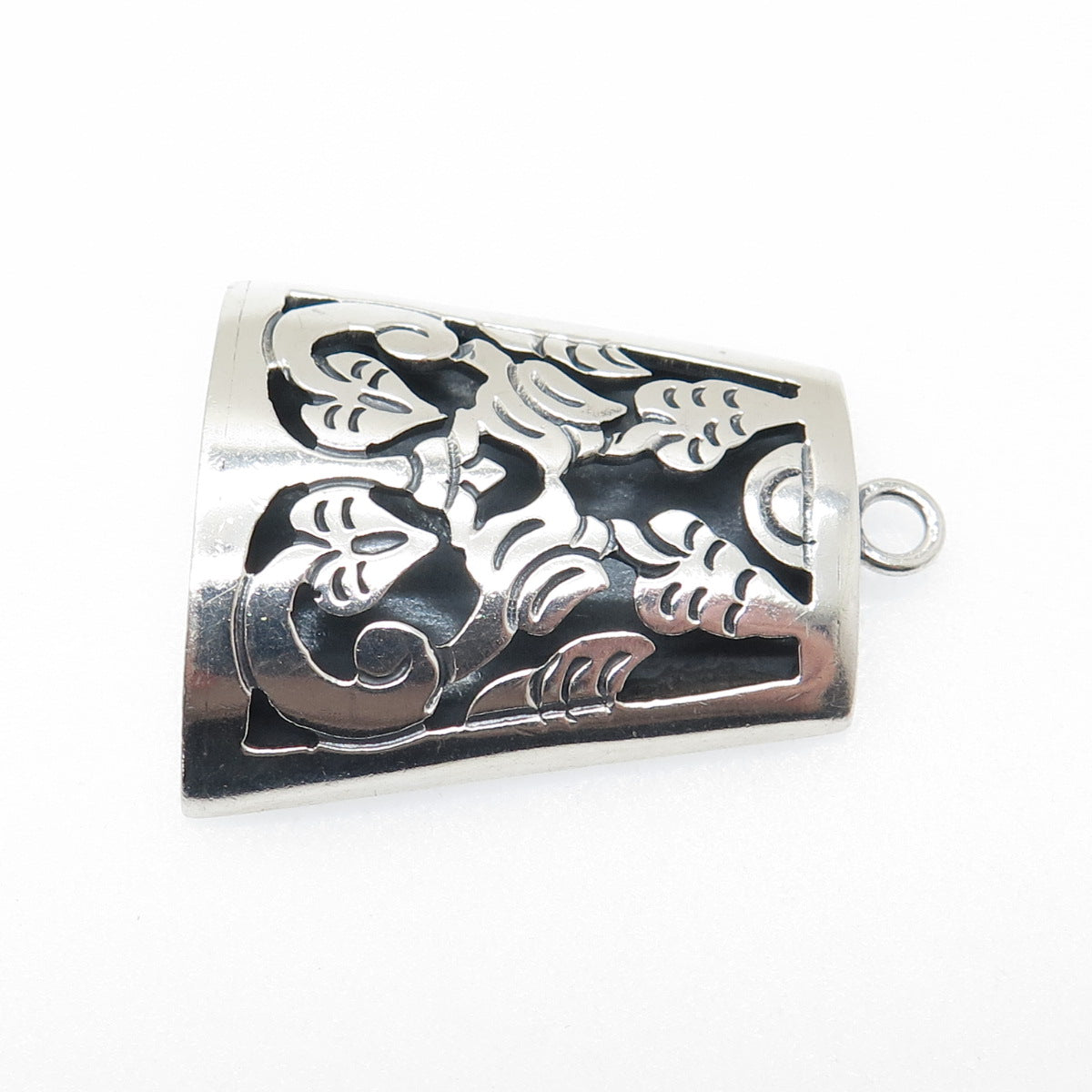 925 Sterling Silver Vintage Mexico Aztec Floral Shadow Box Oxidized Pendant