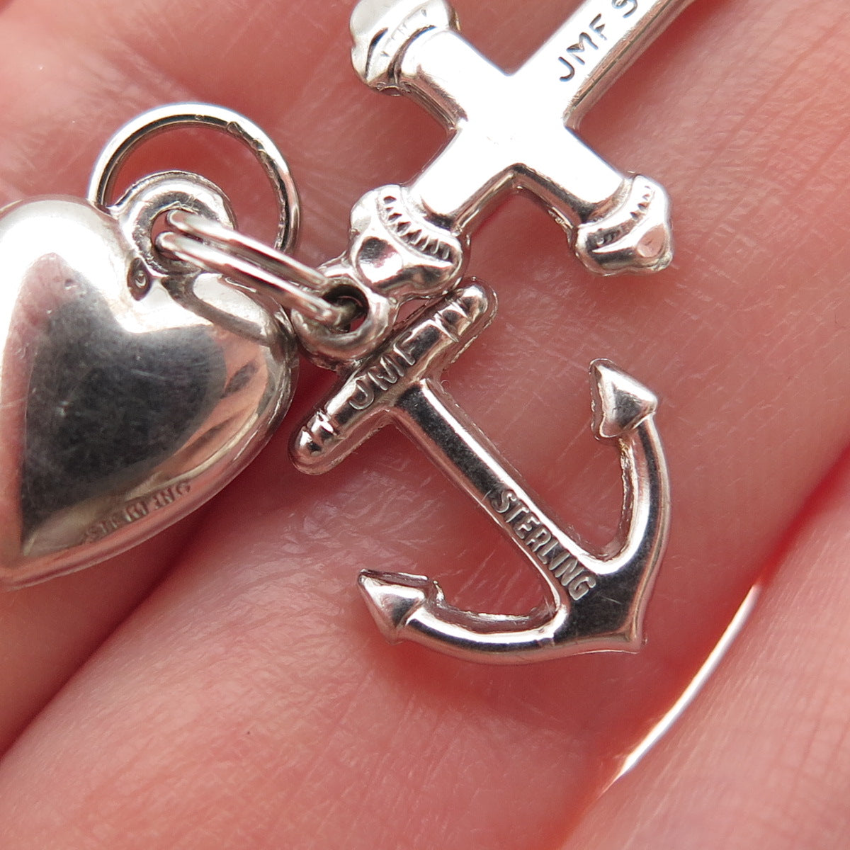 J.M. FISHER 925 Sterling Silver Vintage Heart Cross Anchor Mini Charm Pendant