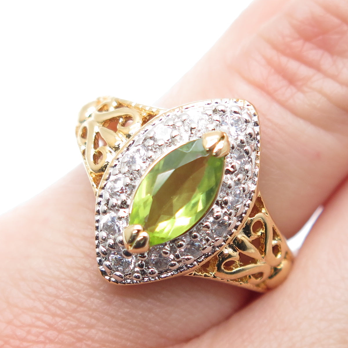 ROSS SIMONS 925 Sterling Silver 2-Tone Real Marquise-Cut Peridot C Z Ring Size 6