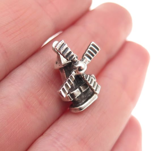 835 Silver Vintage Windmill Oxidized 3D Mini Articulated Charm Pendant