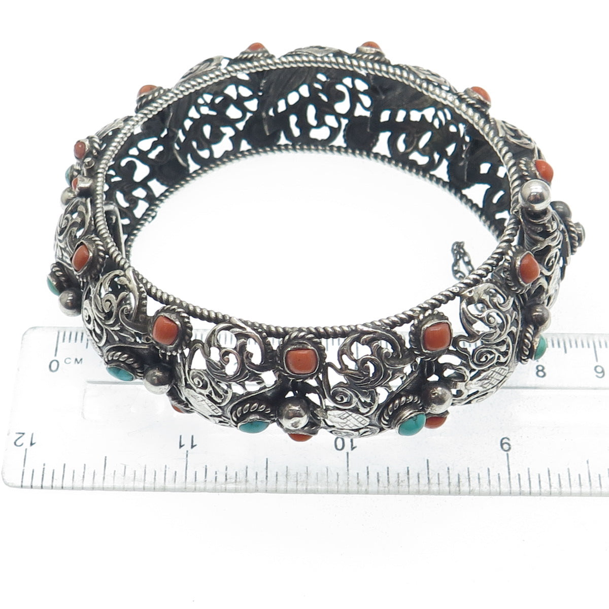 925 Sterling Silver Antique Real Turquoise Coral Floral Oxidized Bracelet 7.75"