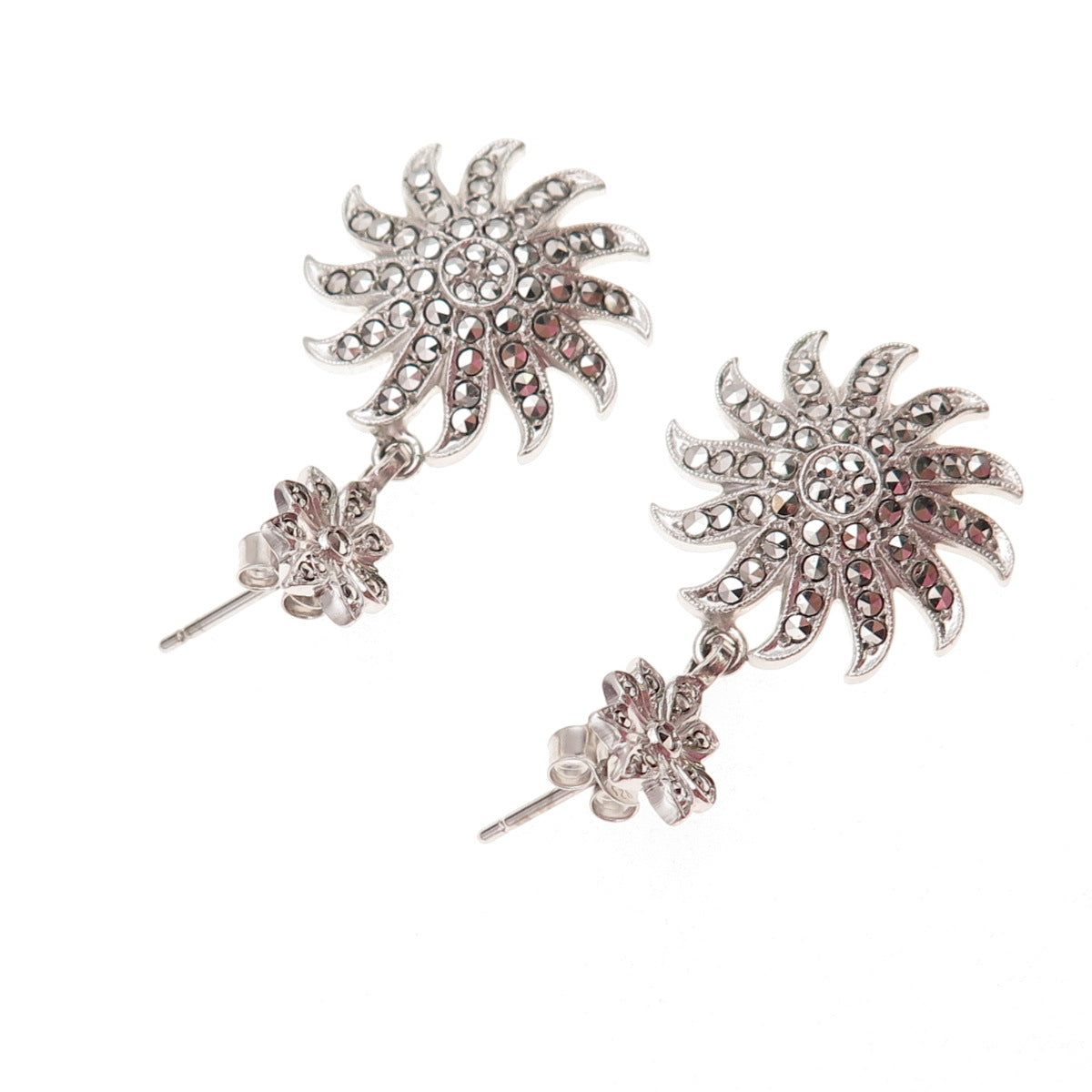 925 Sterling Silver Antique Art Deco Real Marcasite Floral Dangle Earrings