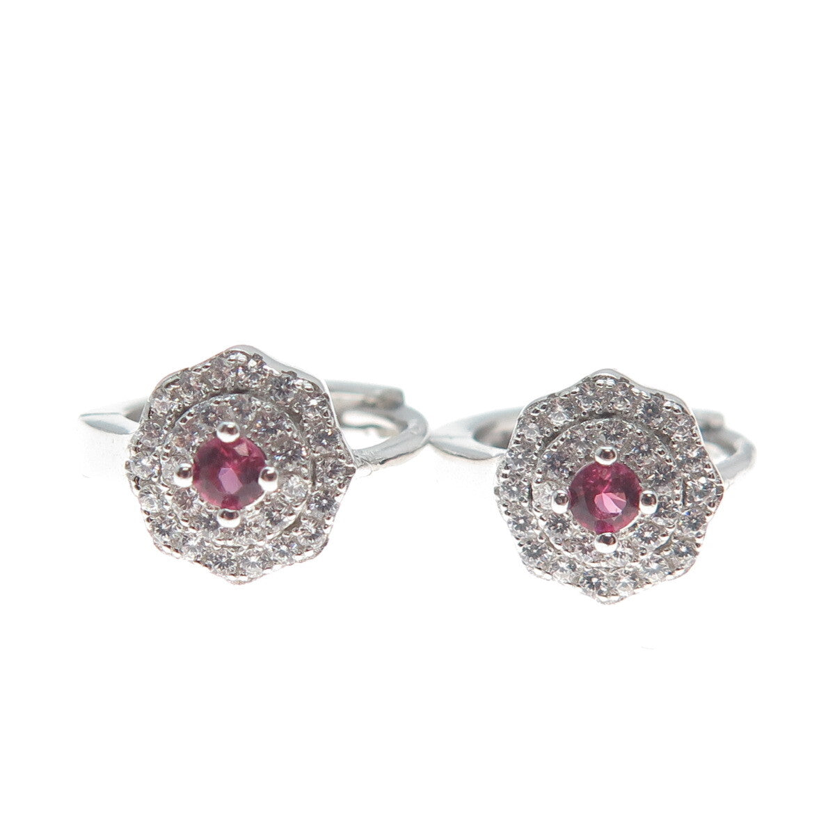 925 Sterling Silver Round-Cut Pink & White C Z Flower Hoop Earrings