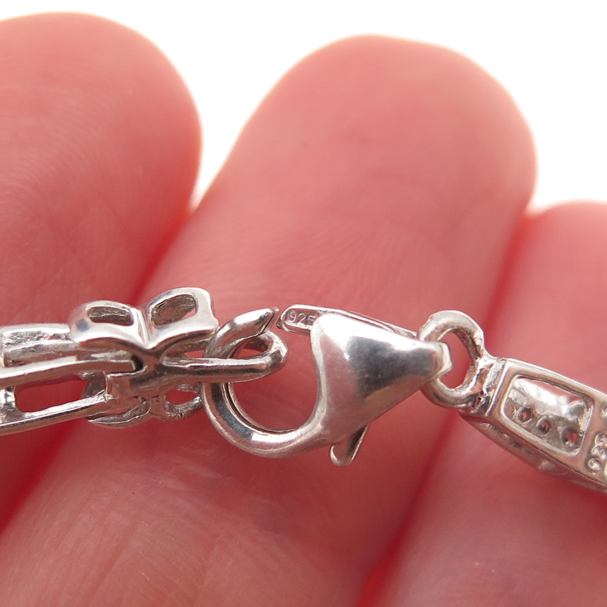 925 Sterling Silver Real Round-Cut Diamond X-Shape Bar Link Bracelet 7.5"