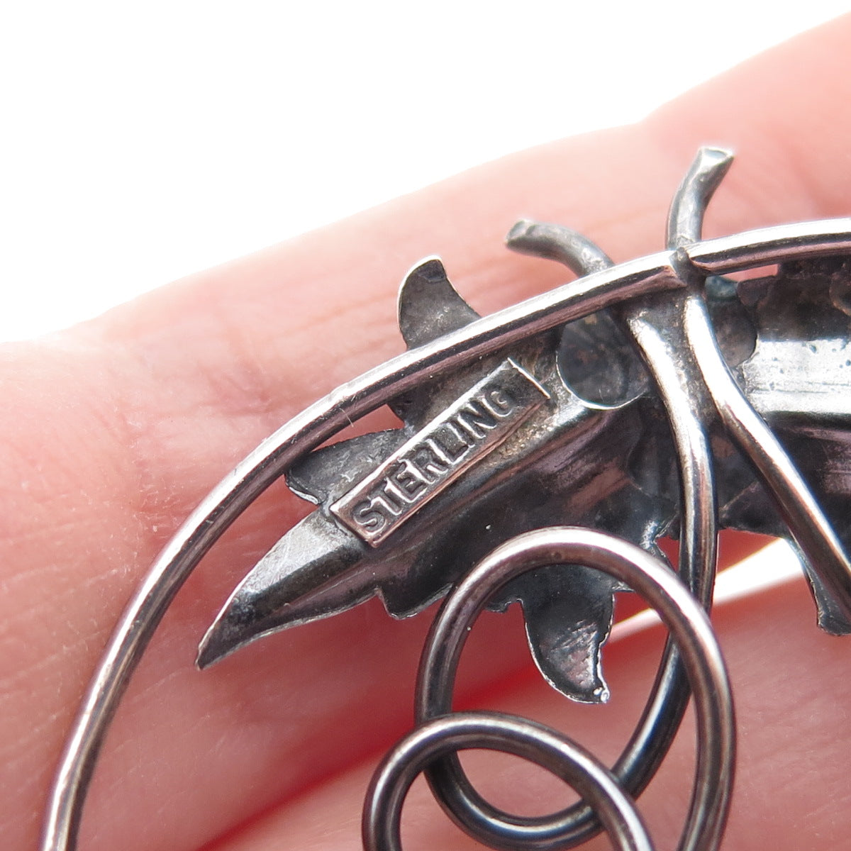 925 Sterling Silver Antique Art Deco Flower Oxidized Pin Brooch