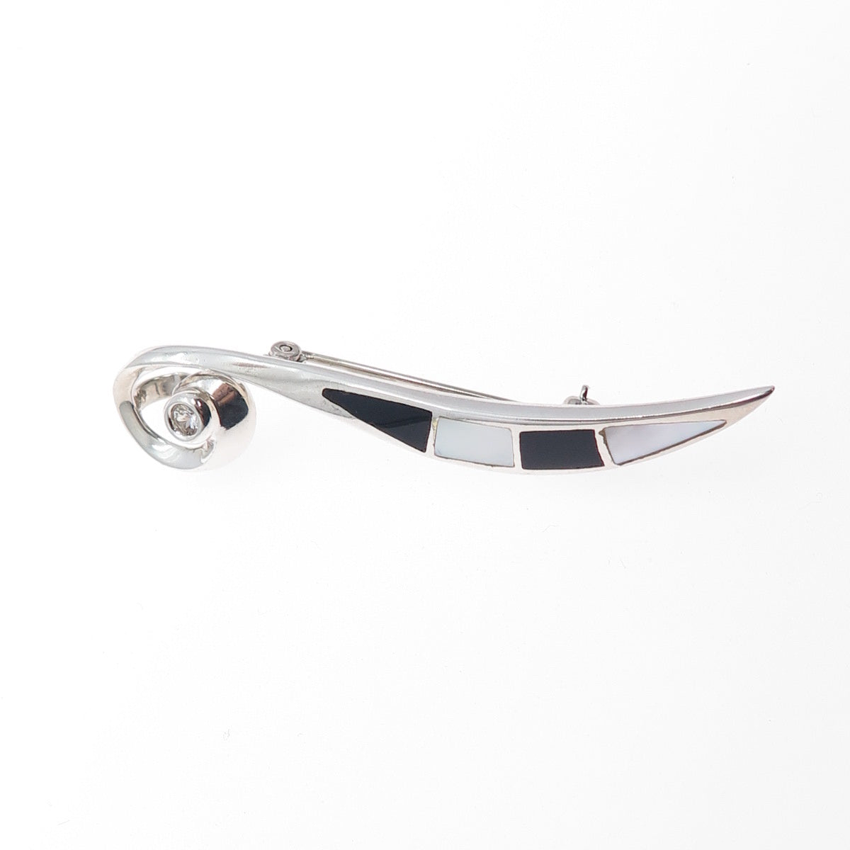 925 Sterling Silver Vintage Real Black Onyx White Topaz MOP Pin Brooch / Pendant