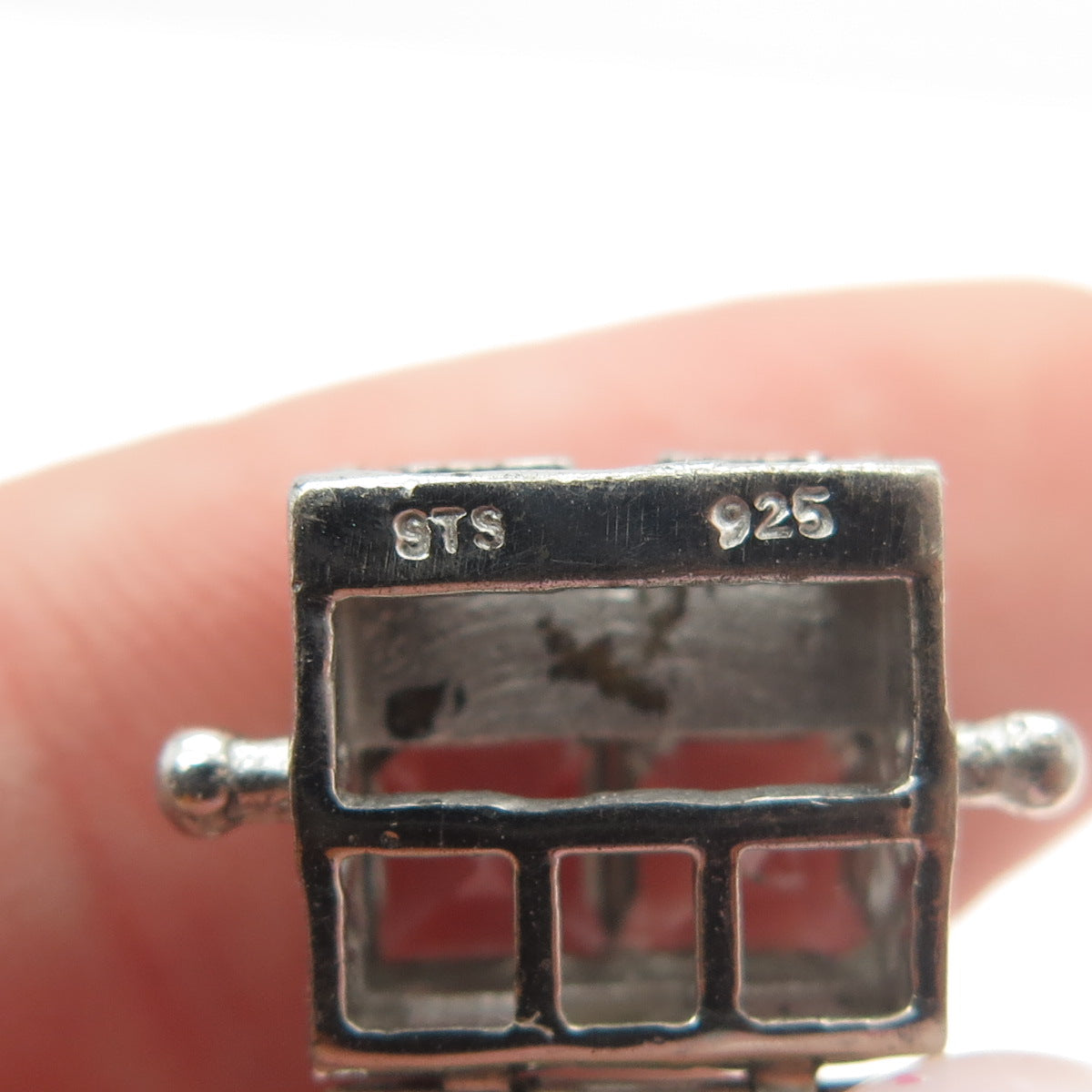 CHUCK CLEMENCY 925 Sterling Silver Green Glass & C Z Panel Link Bracelet 7.5"